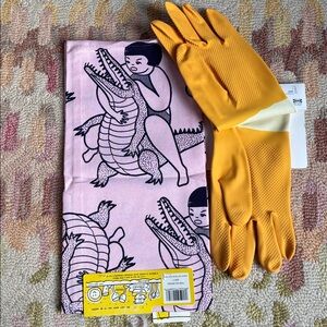 Blue Q Girl Wrestling Crocodile Dishtowel + IKEA RINNIG Cleaning Gloves Size M